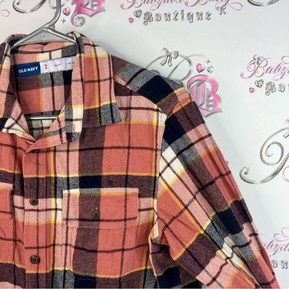 Old Navy button down Plaid Shirt in orange Red, Black, and Yellow - Picture 3 of 12